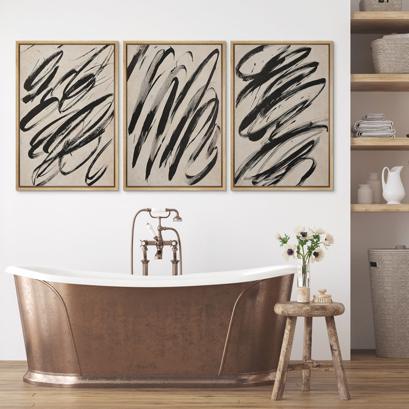 «Abstract Neutral Black Paint», ensemble de 3 reproductions d'art encadrées sur toile, H 36 po x l 24 po, Naturel