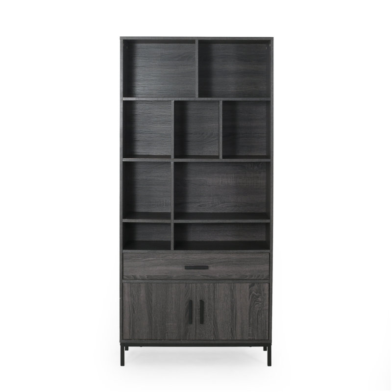  Grande bibliothèque avec tablettes ouvertes et rangement inférieur, bibliothèque autoportante, gris