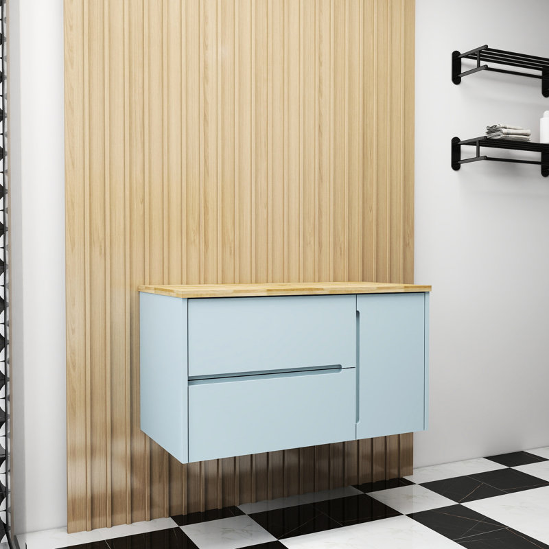 Armoire de salle de bain murale W3151s00011 avec lavabo, rangement à double tiroir cannelé et porte simple, bois massif pour petits espaces, apparence naturelle bleue, lavabo pratique et décoratif,