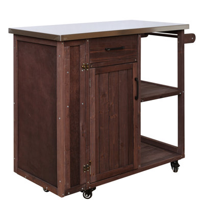 Outdoor Solid Wood Bar Cart Portable Rolling Kitchen Island Cabinet With Storage Shelves, Drawers And Hidden Spice Racks