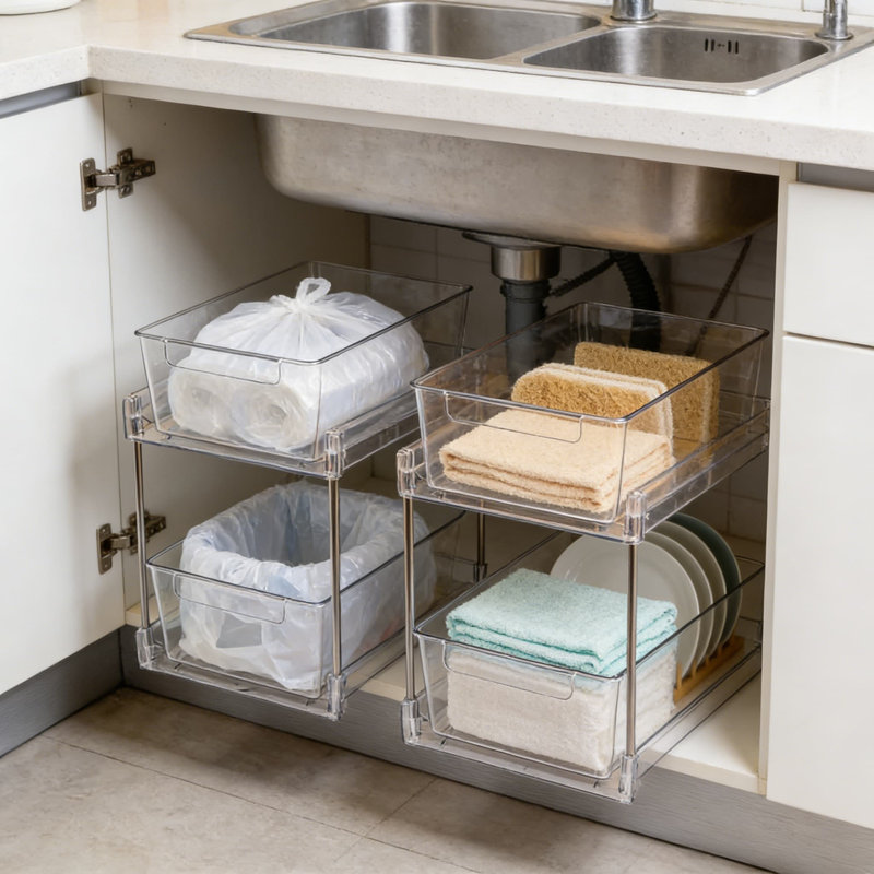 Rangement coulissant à 2 niveaux avec tiroirs, rangement de salle de bain et de cuisine empilable transparent pour l'organisation sous l'évier, le garde-manger, le comptoir et l'armoire