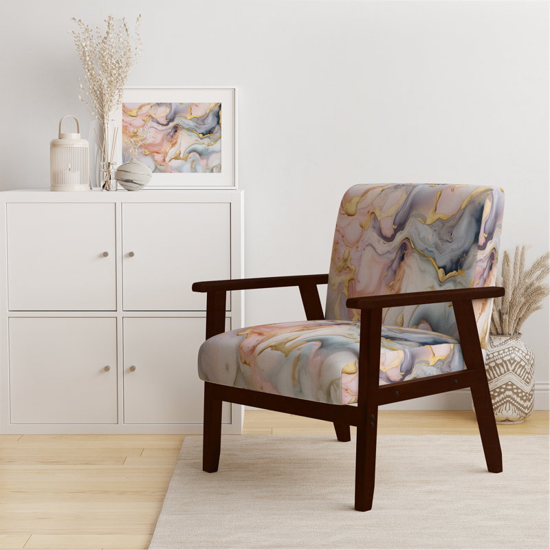 Berdahl Marble Upholstered Armchair, Pink/Gold Polyester, Brown Square Arms