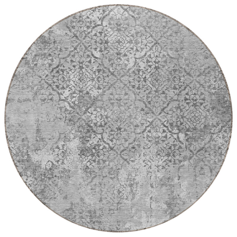 Tapis d'intérieur rond gris anthracite lavable floral 8 pi