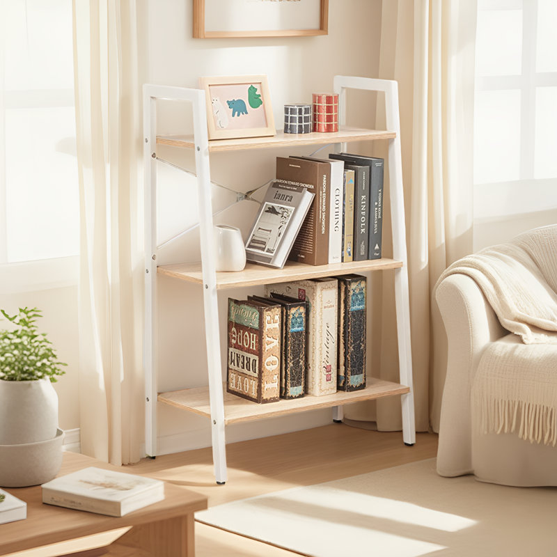 Bibliothèque industrielle à 3 niveaux - Présentoir autoportant en métal pour la maison / le bureau, Blanc / Beige