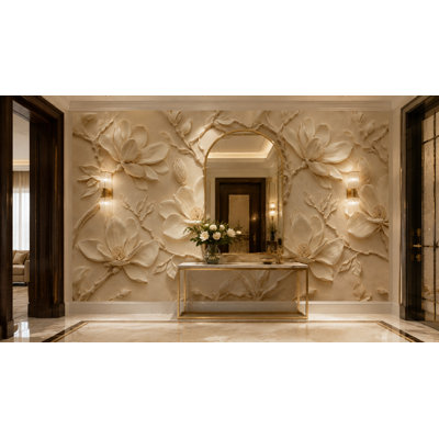Papier peint mural de luxe beige à motif floral magnolia en relief 3D