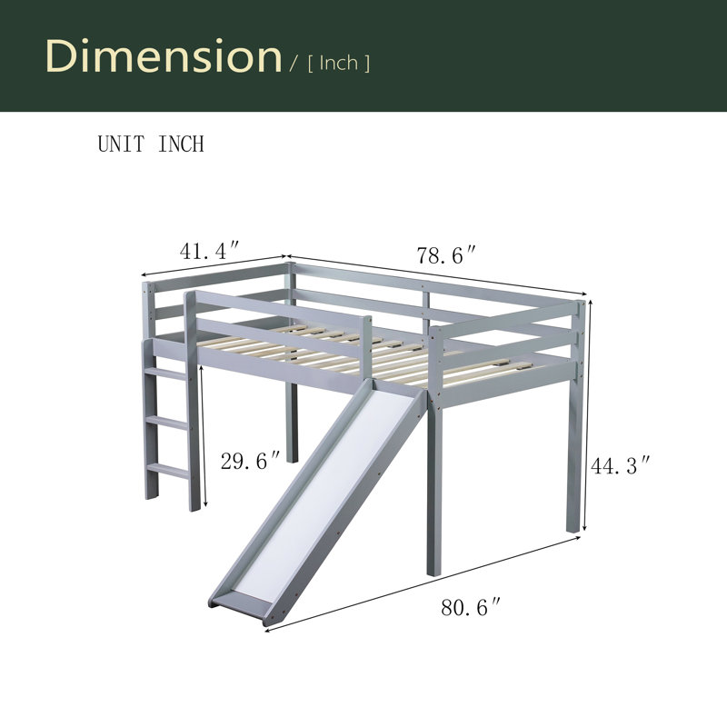 Twin Low Loft Bed With Slide, Ladder, Safety Guardrails, Gray