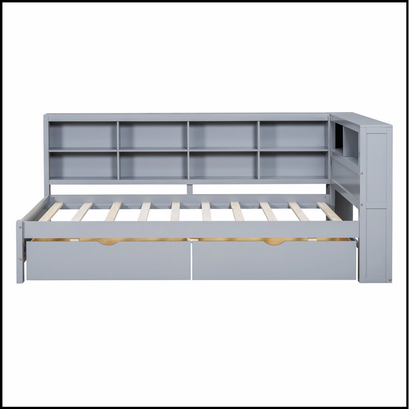 Lit de jour en bois avec 2 tiroirs, tablette de rangement et ports de chargement USB pour un confort moderne, Gris