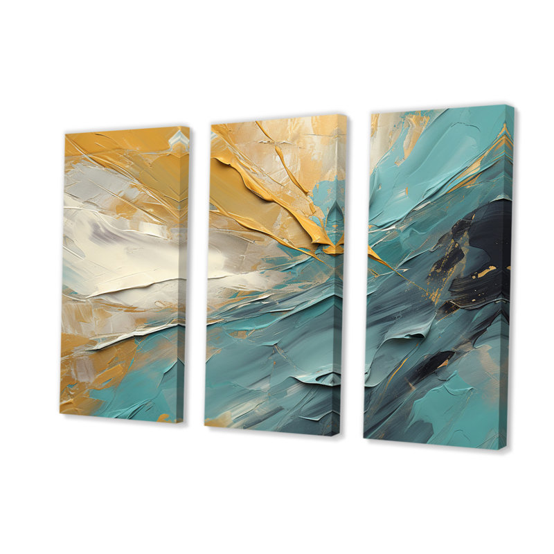 Joy of Peace, peinture abstraite or bleu clair, 3 pièces, H 28 po x l 36 po x P 1 po