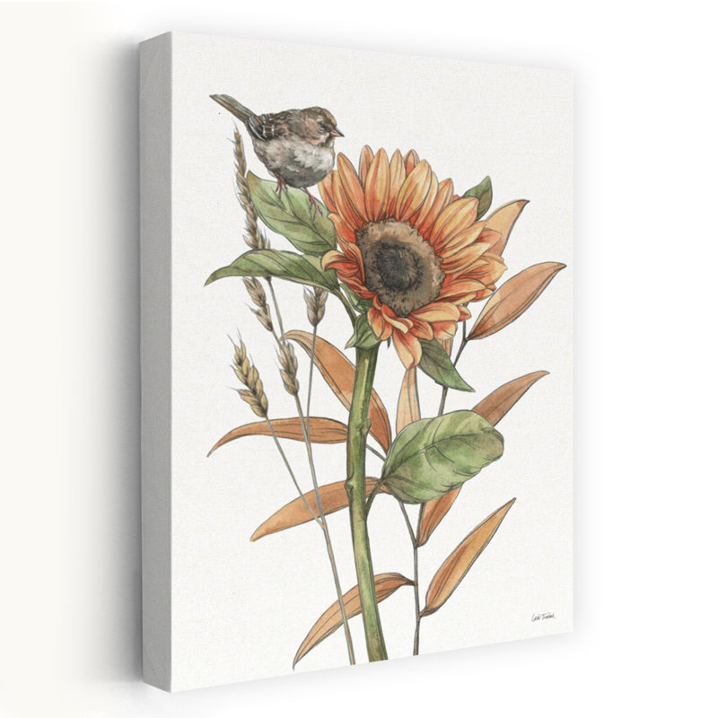 Récolte abstraite contemporaine, oiseau, tournesol, art floral d'automne, H 36 po x l 24 po