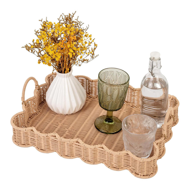 Plateau de service rectangulaire festonné en osier avec poignées, plateau de table basse décoratif, imperméable, 1 pièce