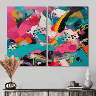 Pink And Turquoise Abstract Enigma II - Abstract Large Canvas Wall Art 2-Panels