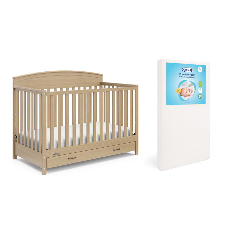 Lit de bébé convertible 5 en 1 avec tiroir Benton, Bois flottant, Lit de bébé et matelas
