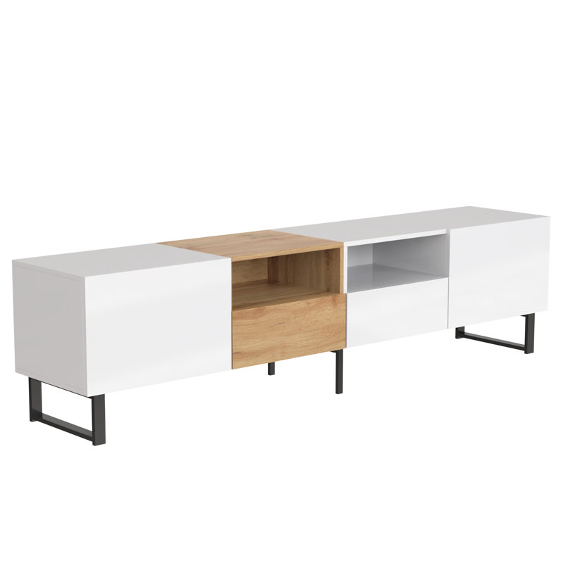 Modern TV With 2 Cabinets& Open Storage Compartment, White