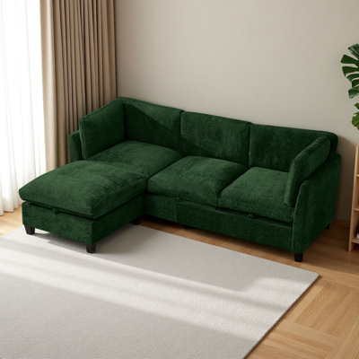 96.5" Sectional Couch For Living Room, Upholstered Soft Chenille Fabric Sofa, 3-Seater With One Ottoman L Shape Sofa