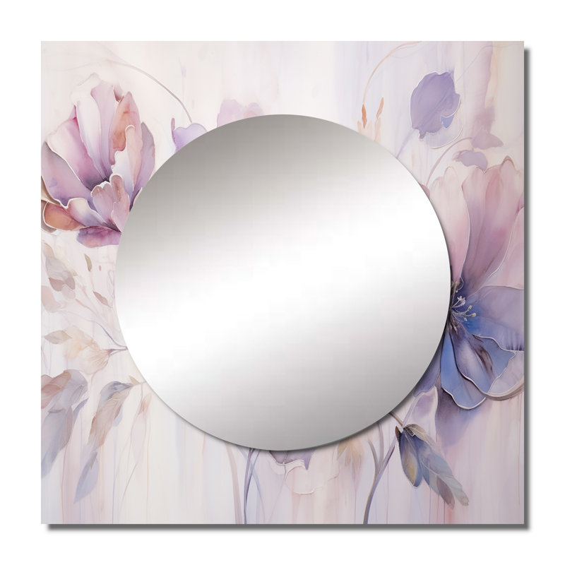 «Purple Botanical Whispers I», art mural miroir carré abstrait pour botanique, 36 po x 36 po