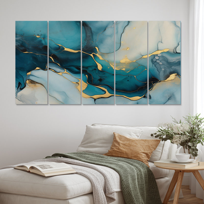 Marbre infusé turquoise doré IV - Fractales - 5 panneaux égaux