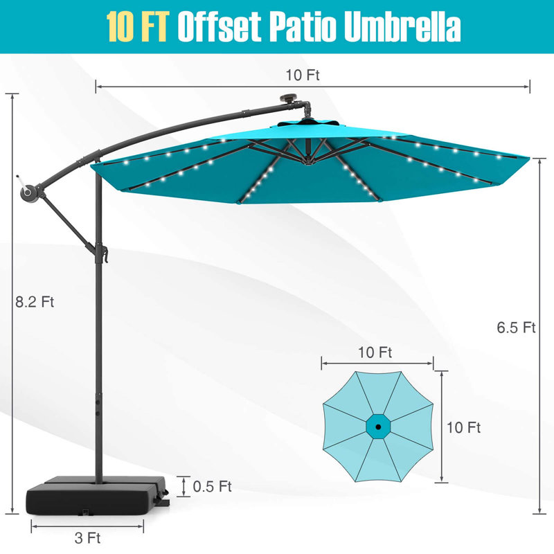 Parasol suspendu pour terrasse, 10 pieds, 32 lumières DEL, Turquoise