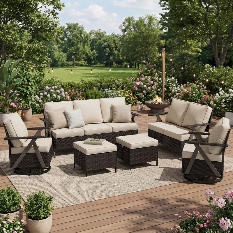 6-Piece Outdoor Patio PE Wicker Set With Sofas, 2 Swivel Chairs, 2 Ottomans & Beige Cushion, Beige