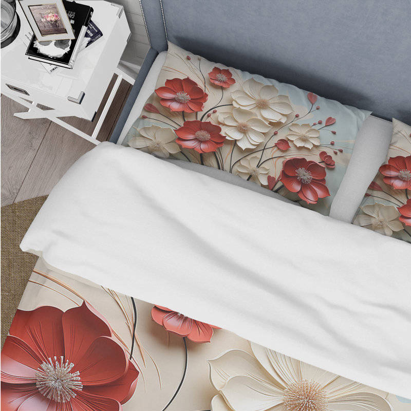 Ensemble de housse de couette rouge et blanc Crimson Flower S Embrace - Flower
