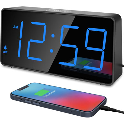 Digital Alarm Clock For Bedroom Bedside, Loud Alarm Clock For Heavy Sleepers, Large Big LED Numbers For Seniors, Battery Backup Plug In Electric Clock With USB Charger (Blue)