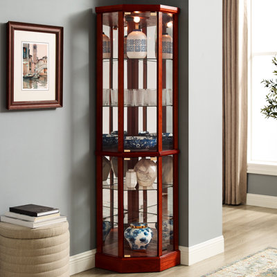 Vitrine lumineuse à 6 tablettes avec tablettes réglables en verre et dossier en cerisier tendance en miroir