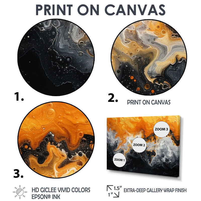 Orange orange abstrait noir liquide rivière I - encre liquide abstrait, H 40 po x l 60 po, Toile tendue
