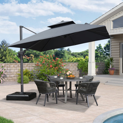 10' Square Square Double Top Cantilever TiltIng Umbrella With Base And 360°Rotation,Gray