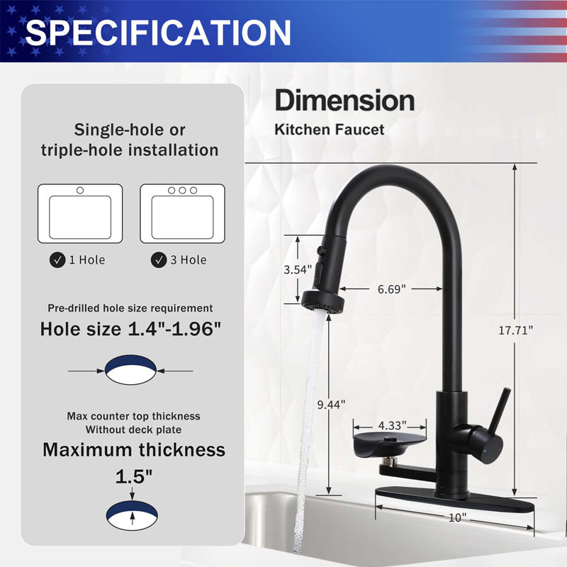 Robinet de cuisine 3 en 1 noir mat avec pulvérisateur rétractable, rinçage à pression, 3 modes de jet et bec à grand arc