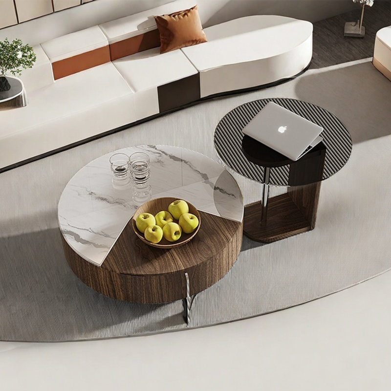 Table basse ronde en pierre micro-cristalline, Noir / acier inoxydable / noyer, Blanc / transparent / noyer foncé