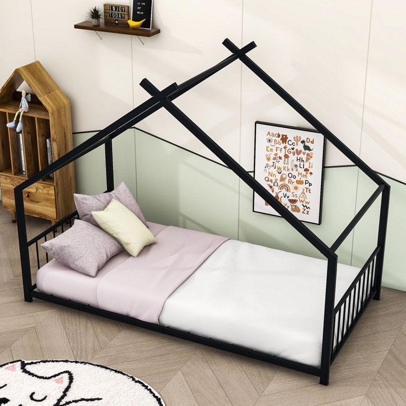 Metal House Bed, Black, Twin