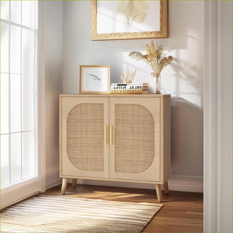 Armoires avec rangement, 2 portes en rotin et amp; 4 tablettes | Buffet de campagne naturel moderne | L 31,5 po x l 11,8 po x H 28,1 po | Panneau de particules | Couloir