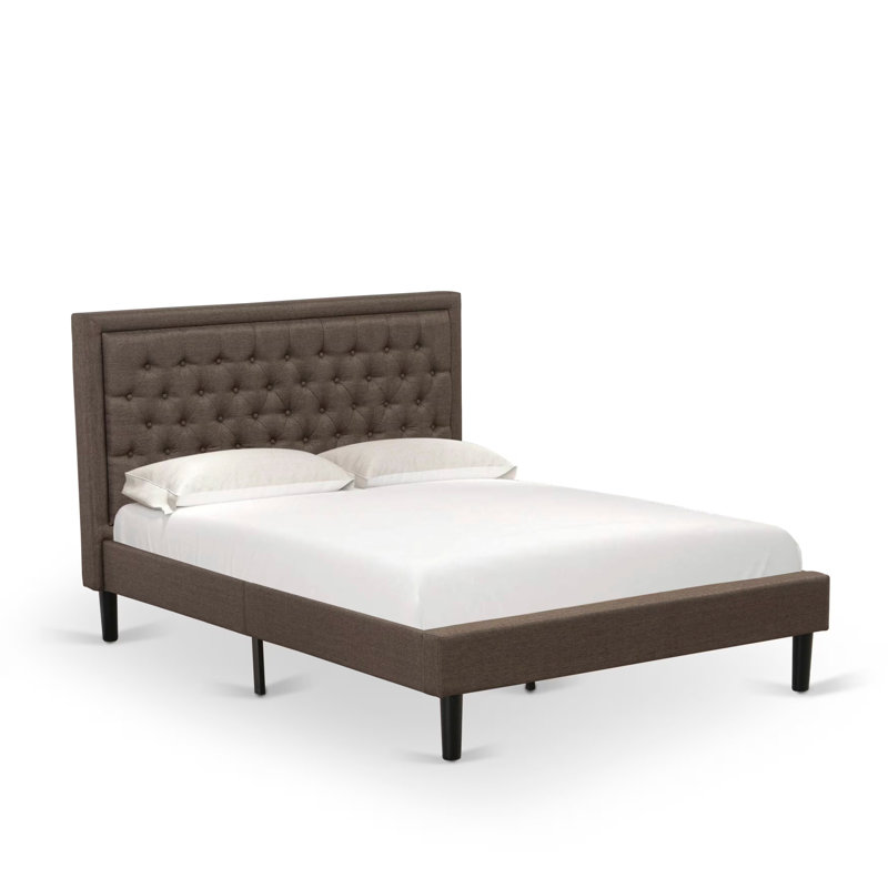 Ensemble de chambre à coucher 2 pièces pour grand lit - 1 lit plateforme avec tête de lit capitonnée en tissu et tissu de lin brun et 1 table de chevet moderne - Table de chevet au fini noir brossé