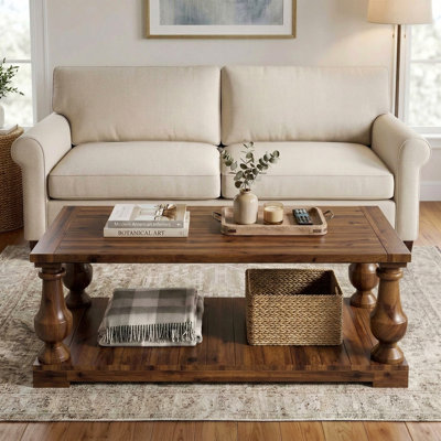 42'' Farmhouse Coffee Table 2-Tier with Storage Shelf Solid Wood Turned Legs for Living Room