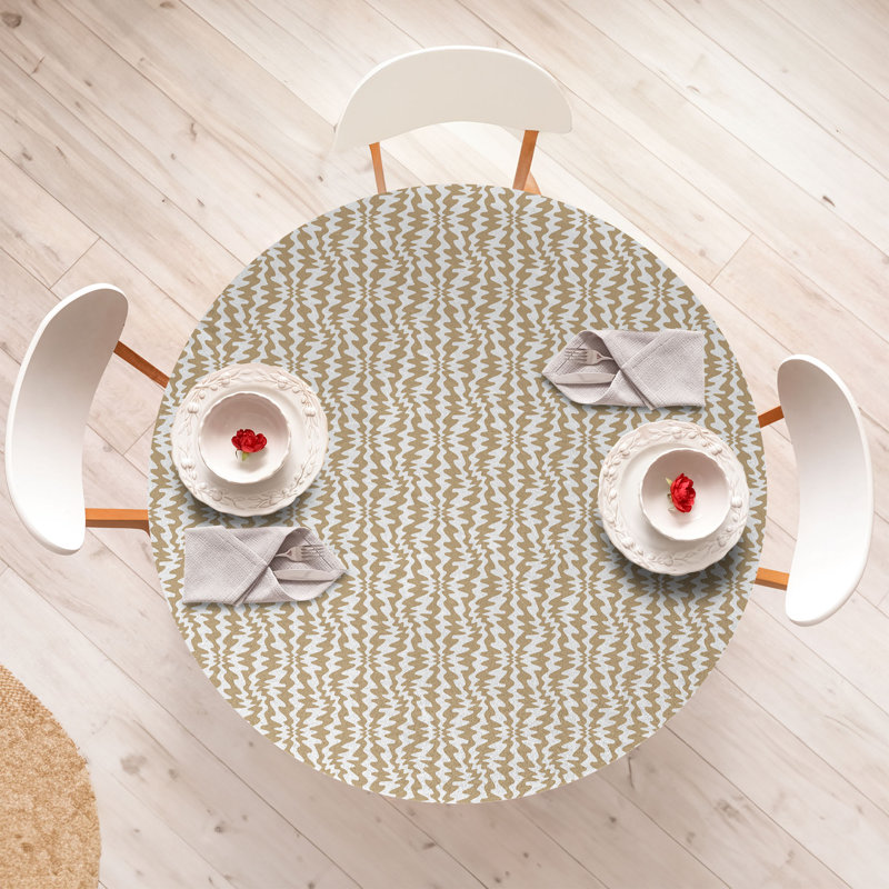 Abstract Boho Fitted Round Tablecloth Dark Sand Brown and White, 47.24" Round