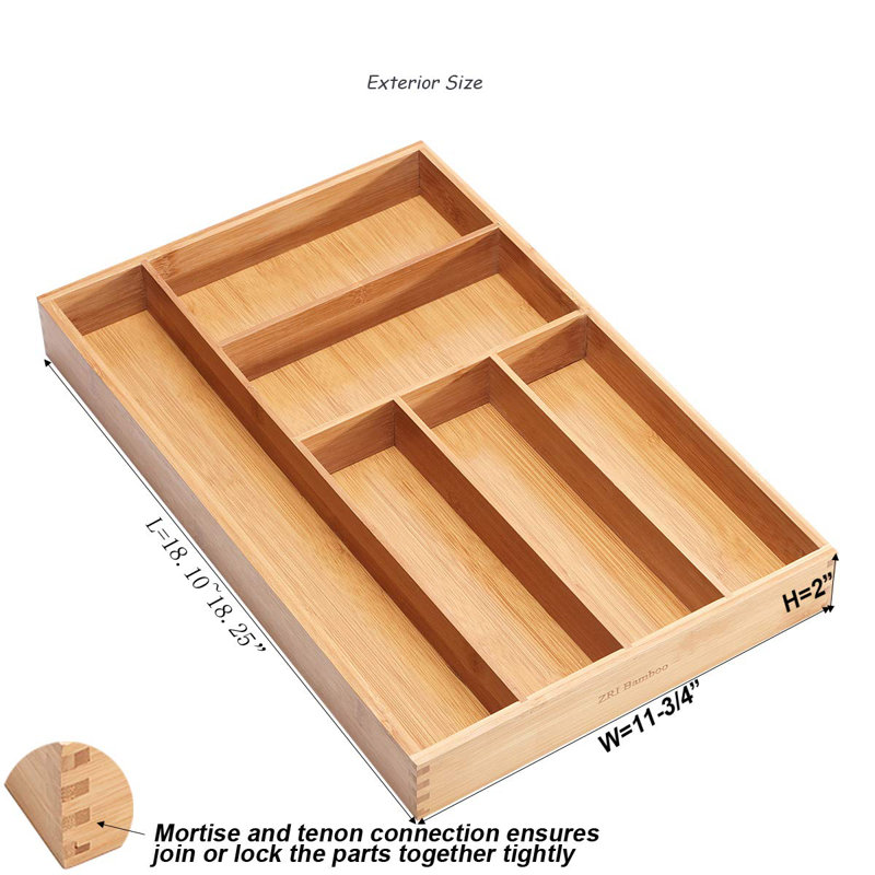 Kitchen Utensil Silverware Drawer Organizer - Bamboo Large Flatware Cutlery Tray With 6 Compartment Dividers For ALL SIZE Forks Knives And Spoons