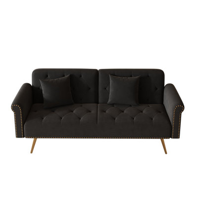 Light And Elegant 69.7-Inch Black Velvet Sofa Bed With Rivets, Throw Pillow, And Solid Wood Tripod -  Rosdorf Park, 433637D712814014BE784C56F0A1A916