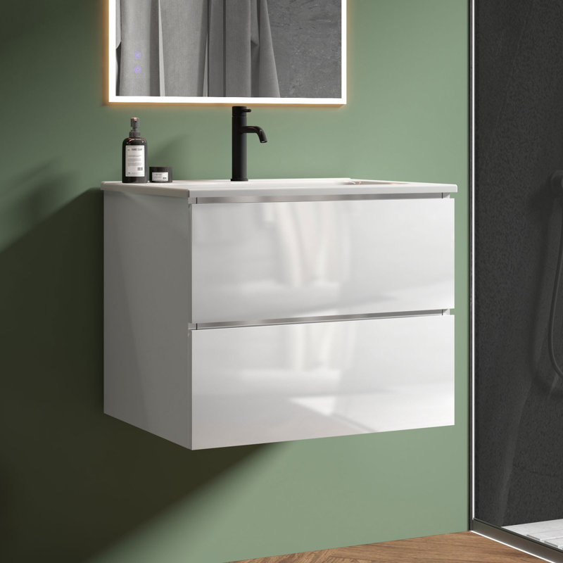 Meuble-lavabo simple 24 po avec comptoir en céramique avec trop-plein Kersha, pré-assemblé, Blanc, 24", Trou simple