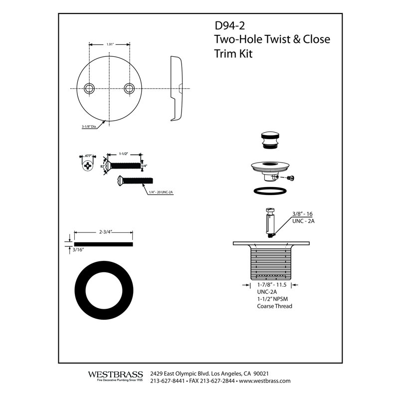 1-1/2" Coarse Thread Twist & Close Bathtub Drain Trim with Two-Hole Overflow, Oil Rubbed Bronze