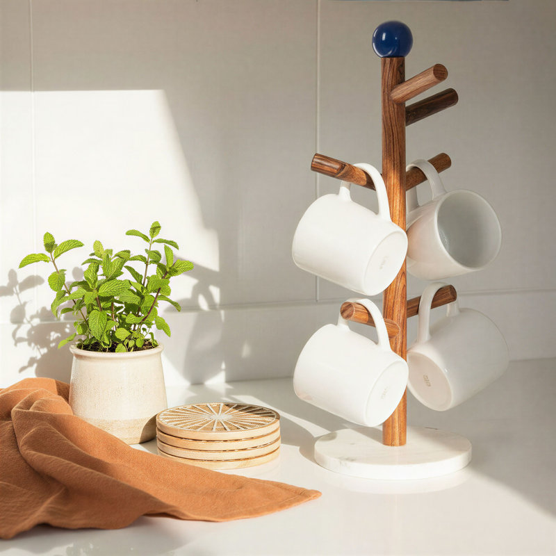 Mango Wood Mug Rack with Marble Base and Ball Topper