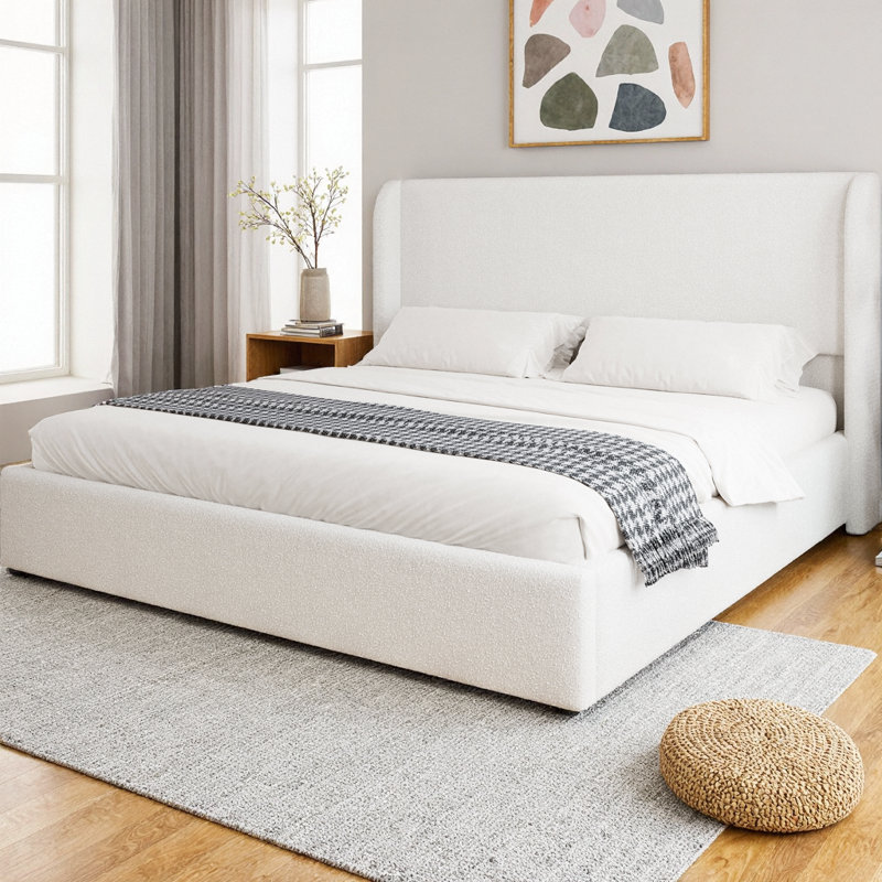 Structure de lit tapissier avec tête de lit à oreilles Boucle, lit Cloud avec lattes et pieds en bois massif, design minimaliste moderne, aucun sommier nécessaire