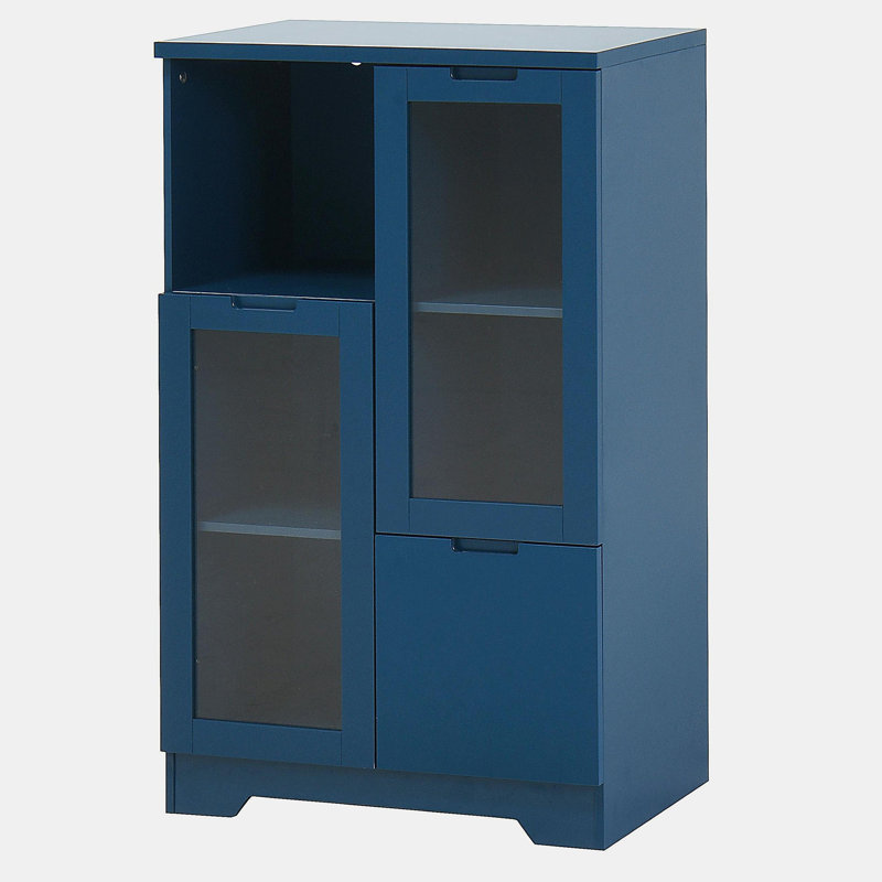 Armoire peinte en panneau de fibres à densité moyenne avec portes et tiroir en verre, espace de rangement ouvert, Bleu
