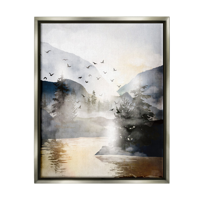 «Flying Birds Mountain Lake View Floater» par JJ Design House LLC, H 21 po x l 17 po x P 1,7 po, Cadre flottant gris lustré