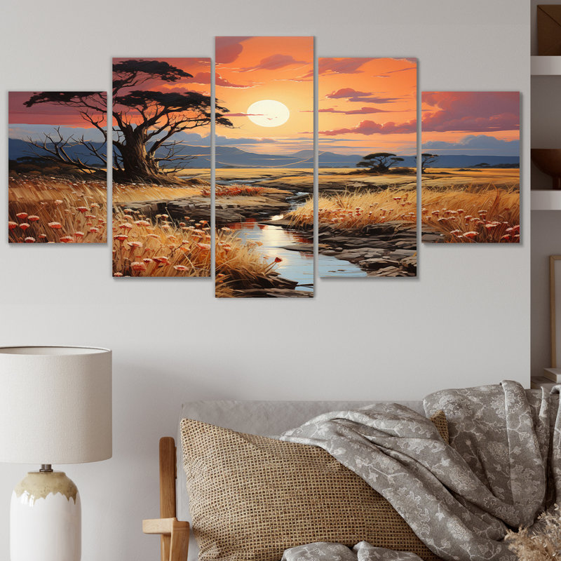 Riverforest, pêche, coucher de soleil africain Aura I - décoration murale paysages - 5 panneaux