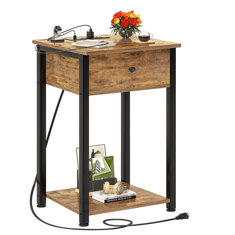 Ensemble de tables de bout à 1 tiroir avec rangement et prises encastrées Frame, Noir