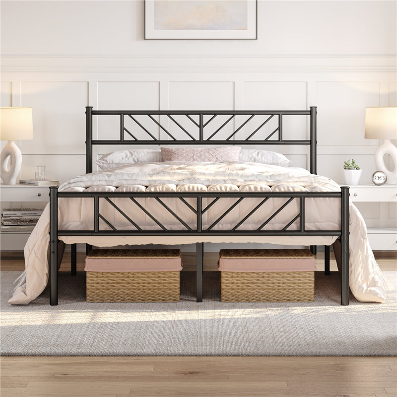 Minimalist Metal Slatted Bed Platform with Arrow Design Headboard, Double (4'6), Black