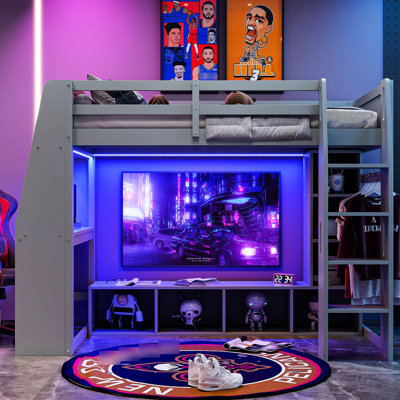 Twin Loft Bed With Desk, Led , Multi Shelves & Hanging Rack, Wood Gray Illumination, Clothes