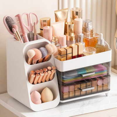 Large Capacity Makeup Organizer Countertop with Makeup Brush Holder for Vanity, Bathroom Countertop Organizer Skin Care Perfumes Storage,（white）