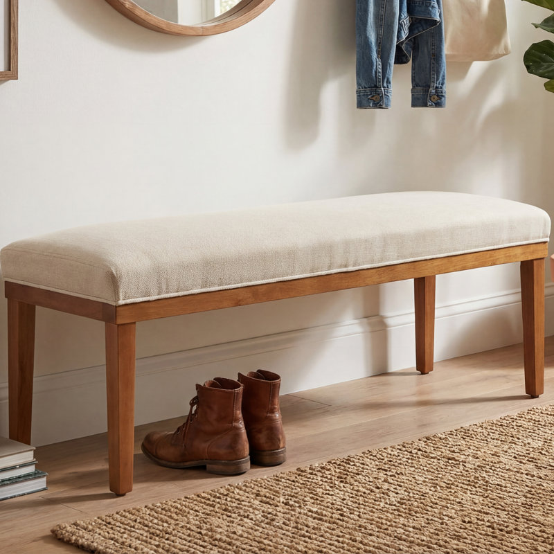 Modern Entryway Bench with Fabric Cushion, 53" Hallway Seat for Putting On Shoes, Wooden Legs, Cream Upholstery​​, Brown