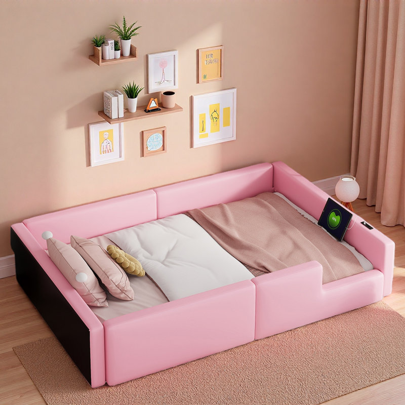 Lit plateforme tapissier avec garde-corps et station de charge, Rose