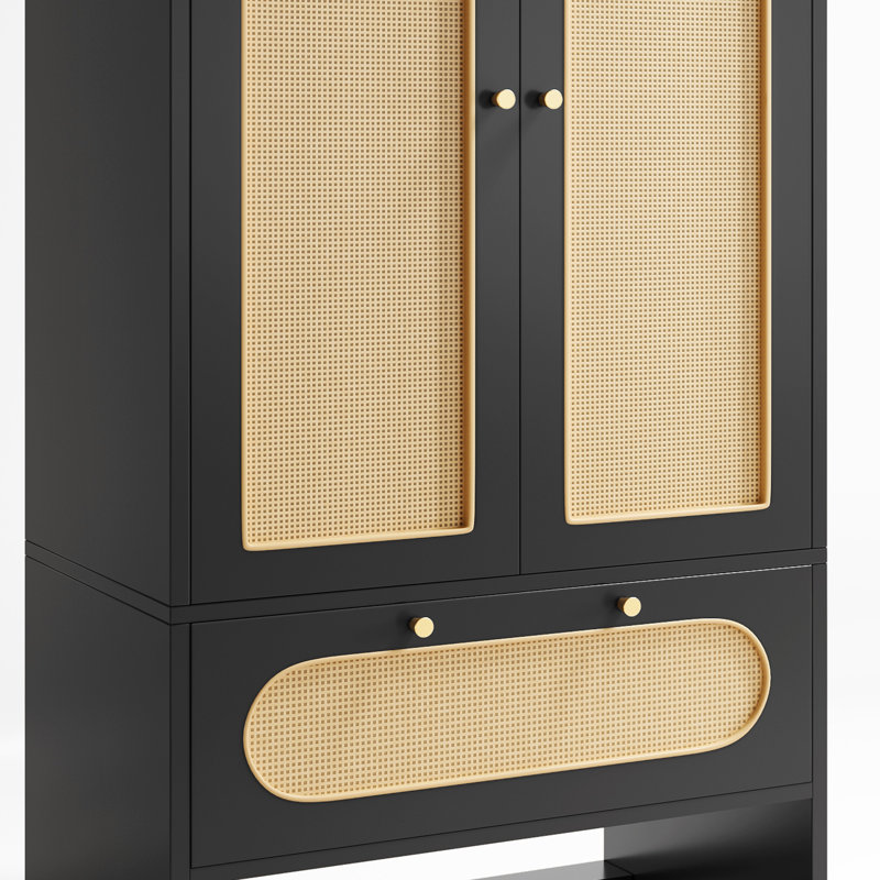 Black and Natural Rattan Armoire Closet with Doors and Drawer